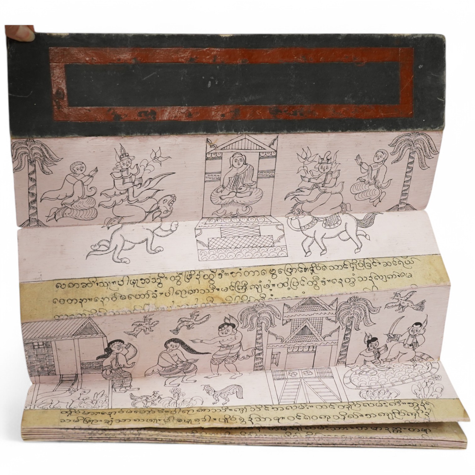A Burmese Buddhist folding sutra with painted decoration, 40cm wide. Condition - fair